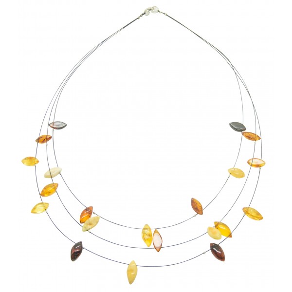 Collier d'ambre adulte avec perle multicolore sur cable acier noire